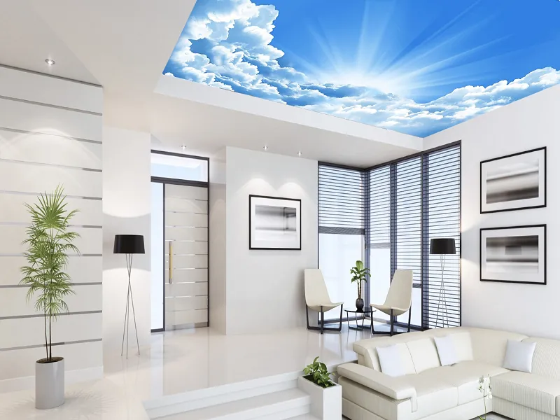 Gökyüzü baskılı gergi tavanlı modern salon